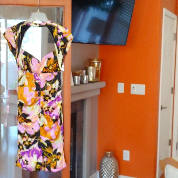 Y2K Cache Silk Cap Sleeve Square Neck Ruched Dress Padded Top - Picture 3 of 5